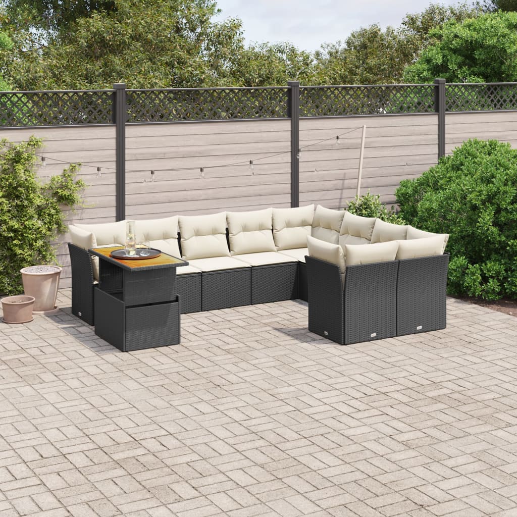 vidaXL 10-tlg. Garten-Sofagarnitur mit Kissen Schwarz Poly Rattan