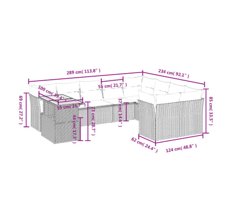 vidaXL 10-tlg. Garten-Sofagarnitur mit Kissen Beige Poly Rattan