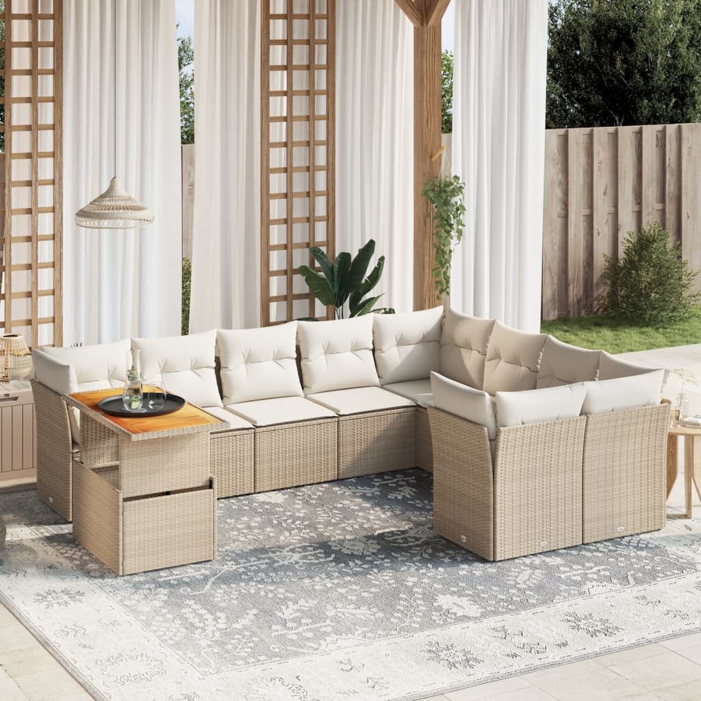 vidaXL 10-tlg. Garten-Sofagarnitur mit Kissen Beige Poly Rattan