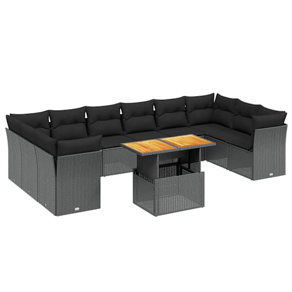 vidaXL 11-osaline aiadiivani komplekt patjadega, must, pol&uuml;rotang