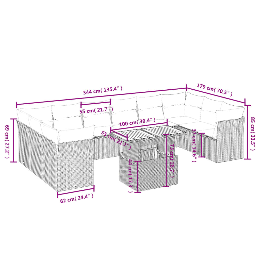 vidaXL 11-delige Loungeset met kussens poly rattan zwart afbeelding