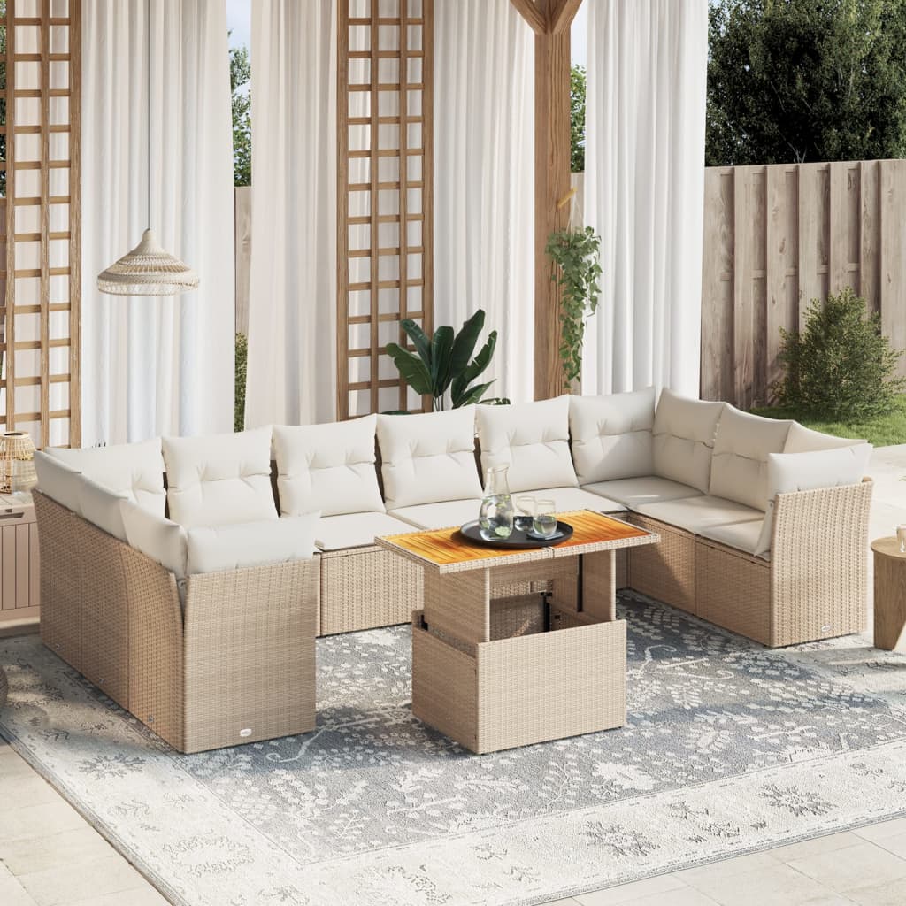 vidaXL 11-tlg. Garten-Sofagarnitur mit Kissen Beige Poly Rattan