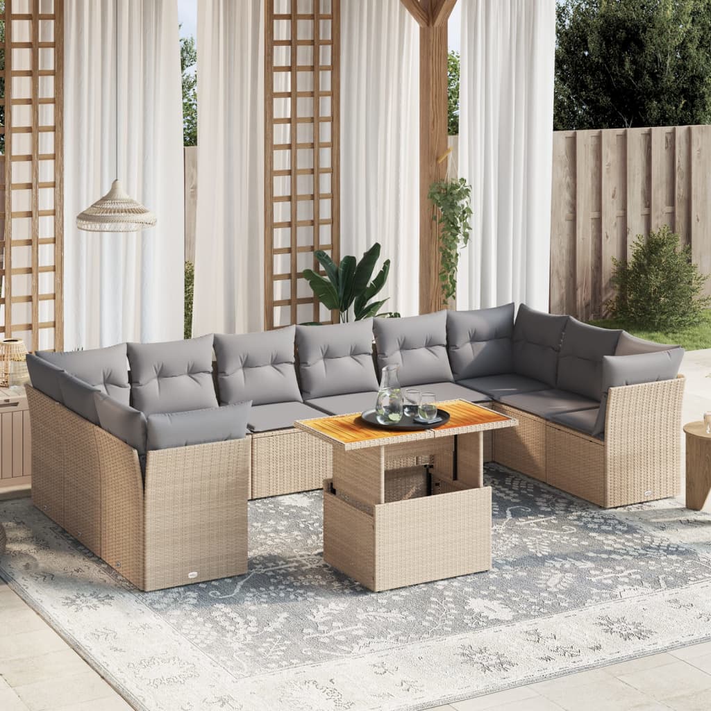 vidaXL 11-tlg. Garten-Sofagarnitur mit Kissen Beige Poly Rattan