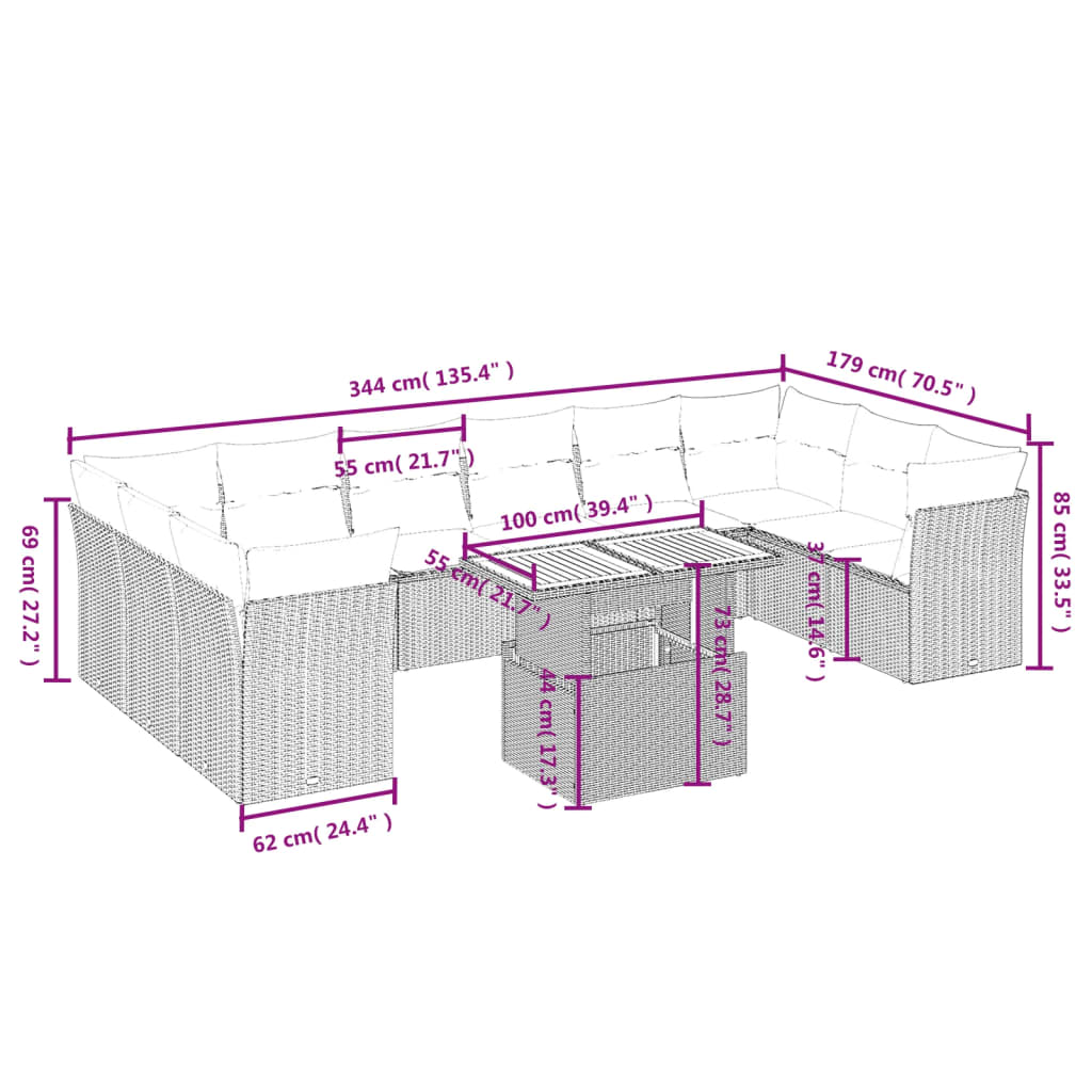 Set canapele de grădină cu perne, 11 piese, gri, poliratan 3271025 - imagine 3