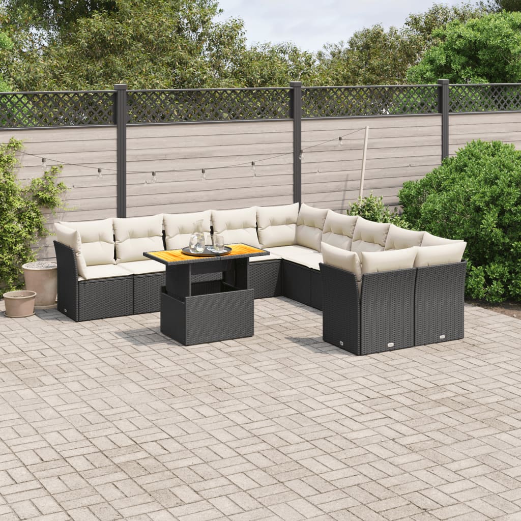 vidaXL 11-tlg. Garten-Sofagarnitur mit Kissen Schwarz Poly Rattan