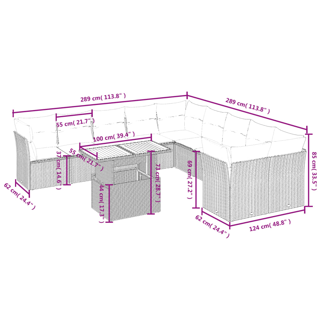 vidaXL 11-delige Tuinset met kussens poly rattan beige afbeelding