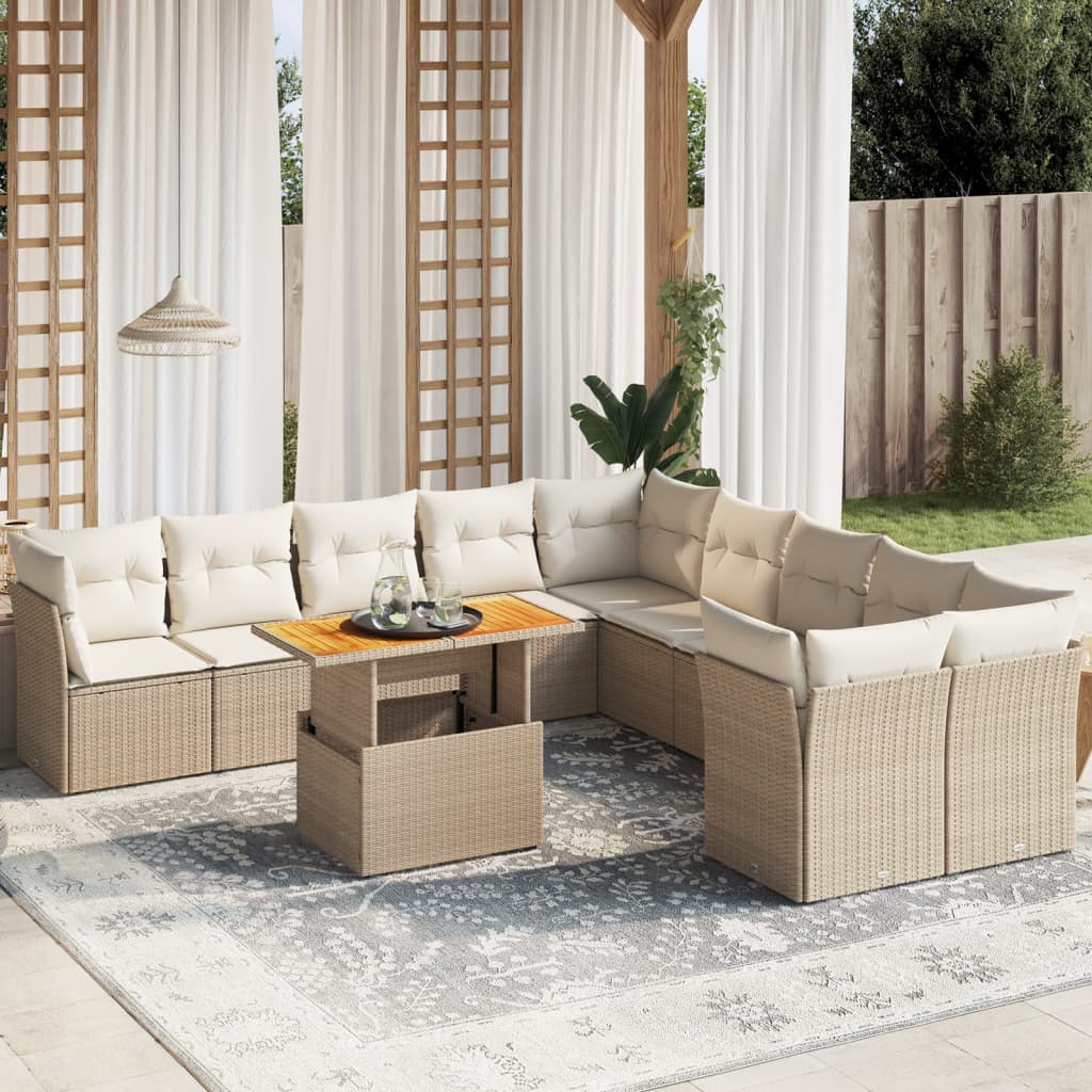 vidaXL 11-tlg. Garten-Sofagarnitur mit Kissen Beige Poly Rattan