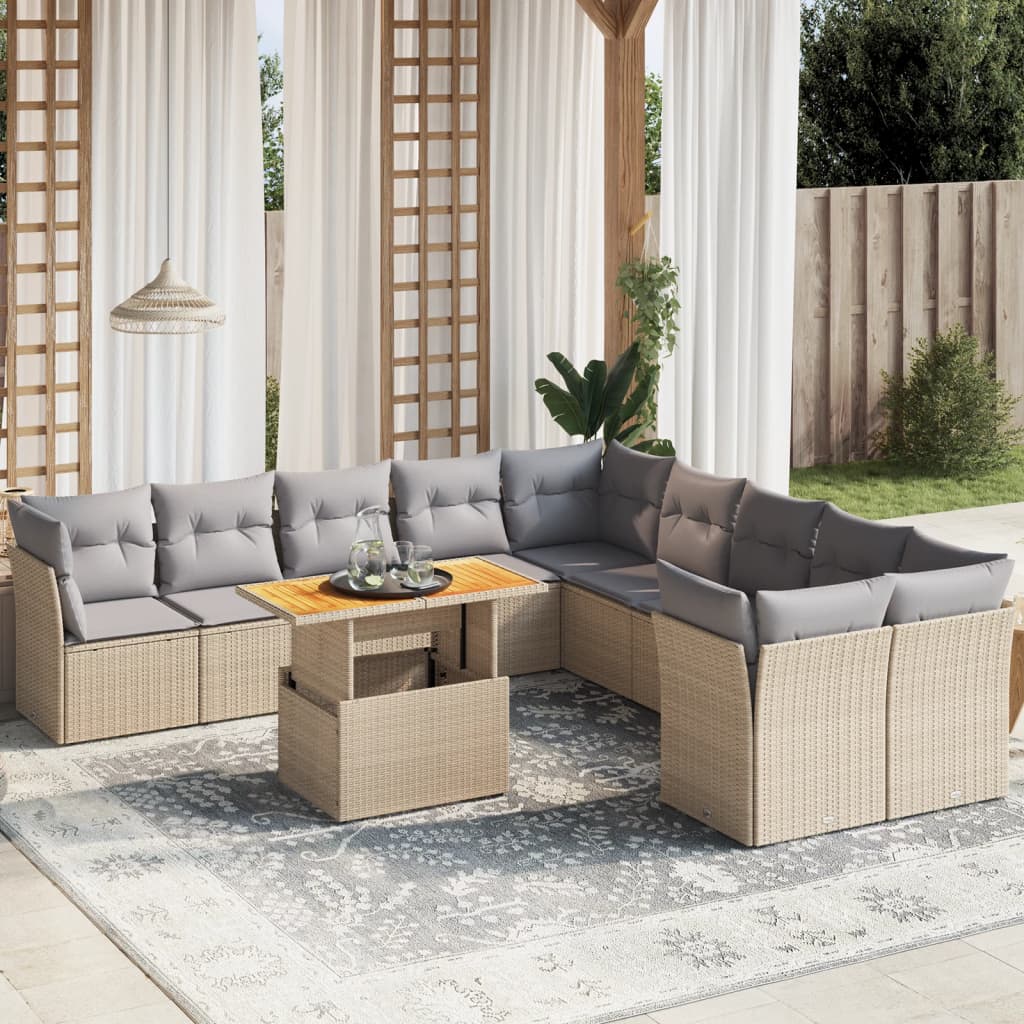 vidaXL 11-tlg. Garten-Sofagarnitur mit Kissen Beige Poly Rattan