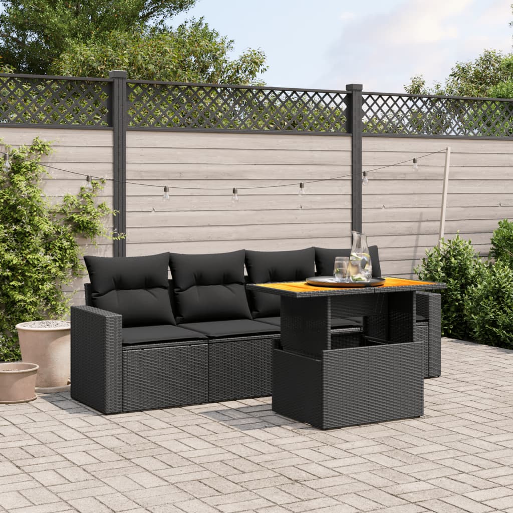 5-tlg. Garten-Sofagarnitur mit Kissen Schwarz Poly Rattan