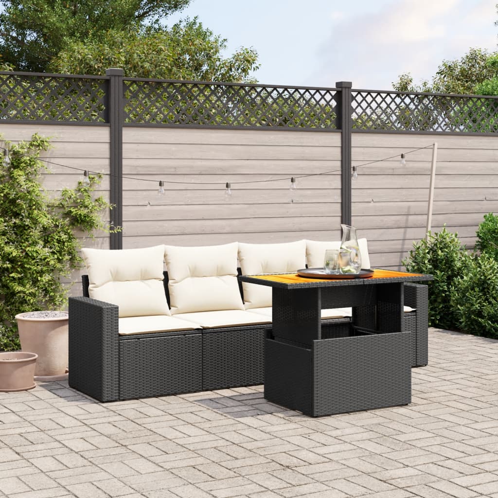 5-tlg. Garten-Sofagarnitur mit Kissen Schwarz Poly Rattan