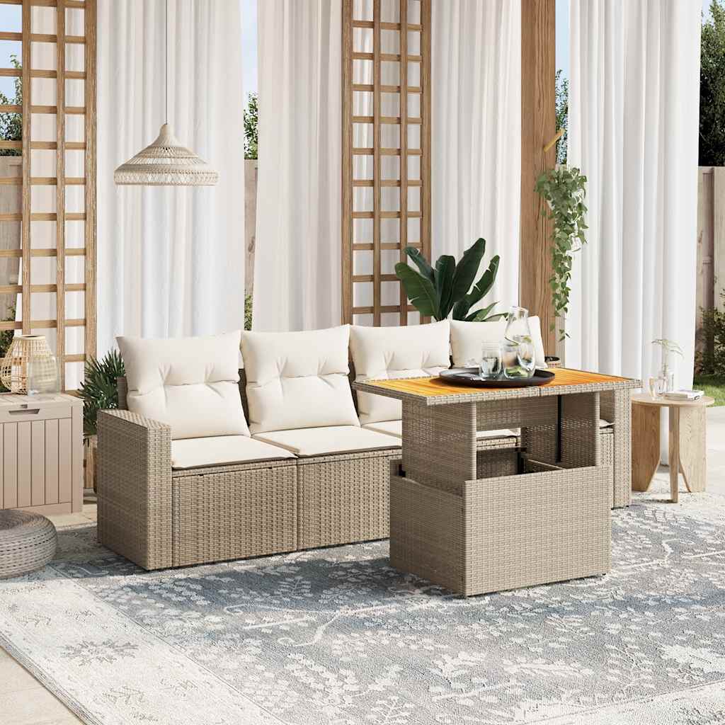 vidaXL 5-tlg. Garten-Sofagarnitur mit Kissen Beige Poly Rattan