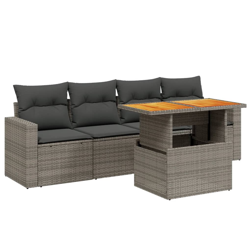 vidaXL Градински комплект с възглавници, 5 части, сив полиратан-image-3271193