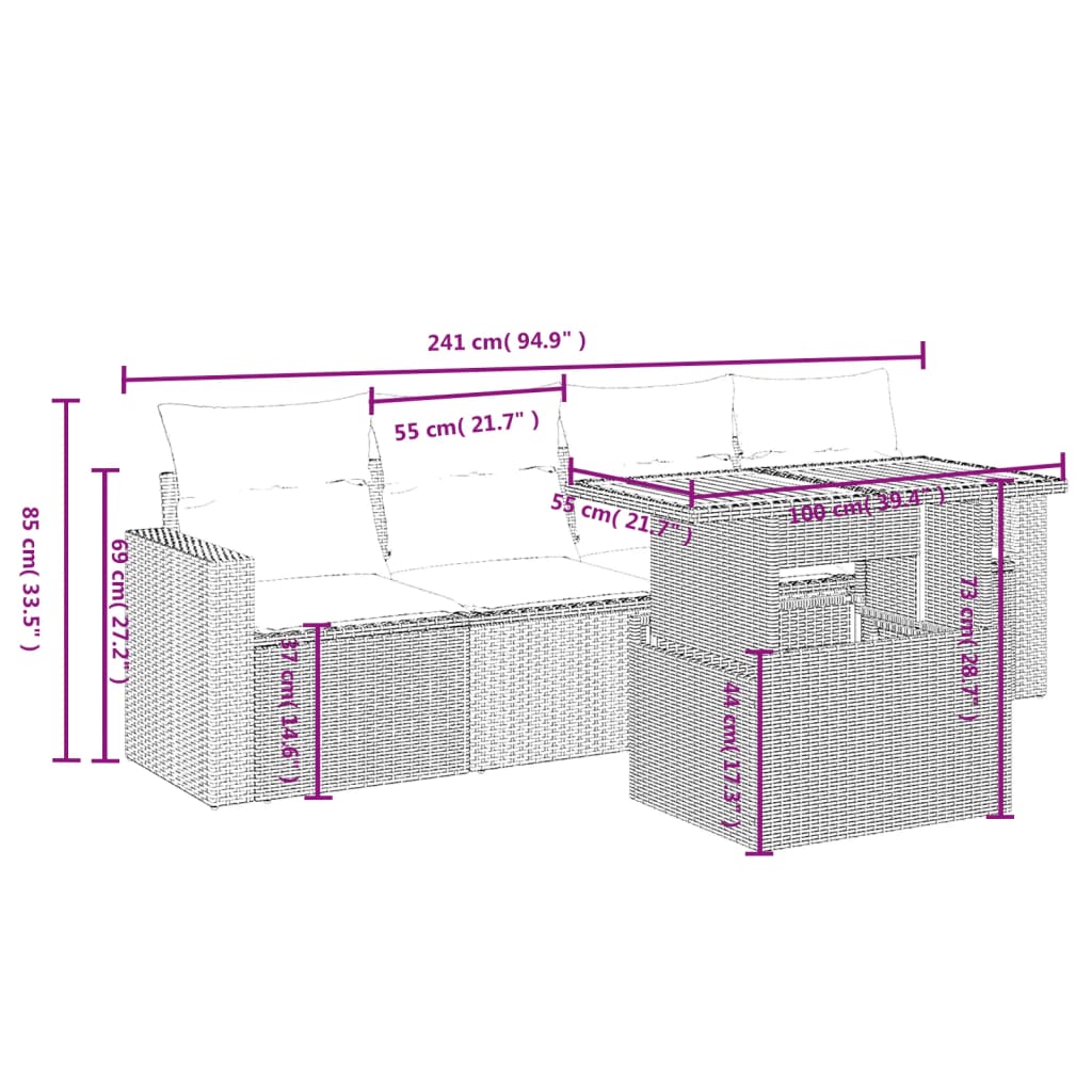 vidaXL 5-delige Loungeset met kussens poly rattan grijs afbeelding
