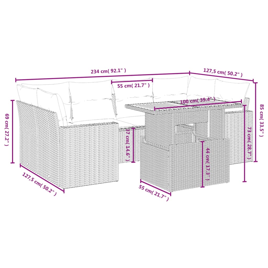 vidaXL 7-delige Loungeset met kussens poly rattan beige