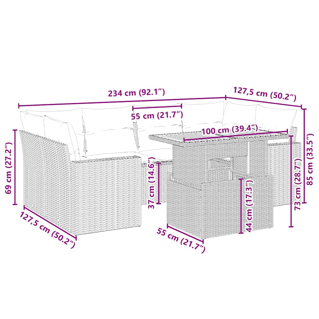 vidaXL 7-delige Loungeset met kussens poly rattan beige afbeelding
