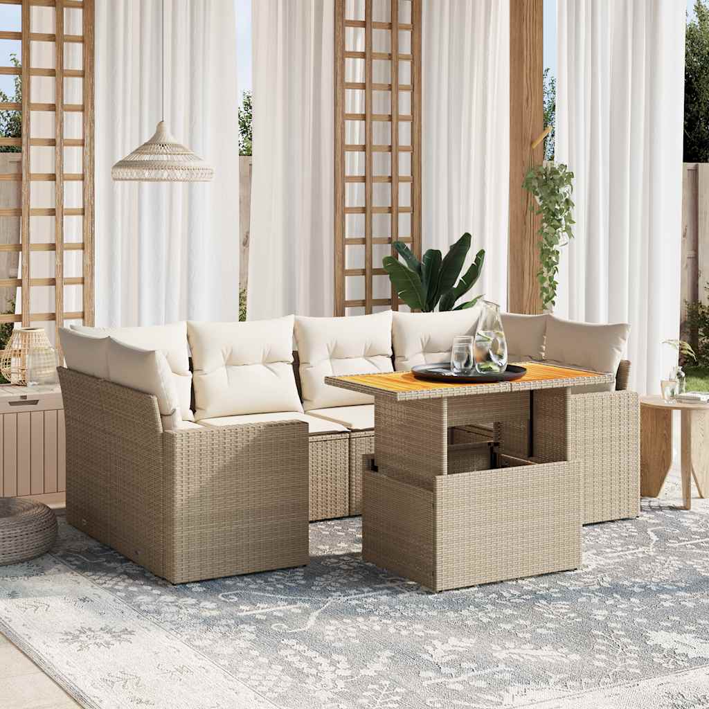 vidaXL 7-tlg. Garten-Sofagarnitur mit Kissen Beige Poly Rattan