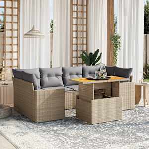 Vrtna sedežna garnitura 7-delna z blazinami bež poli ratan