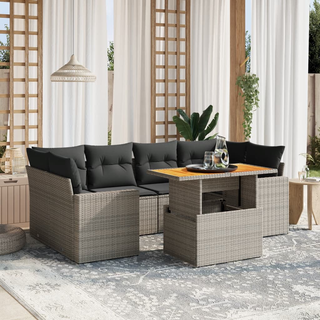 vidaXL 7-tlg. Garten-Sofagarnitur mit Kissen Grau Poly Rattan