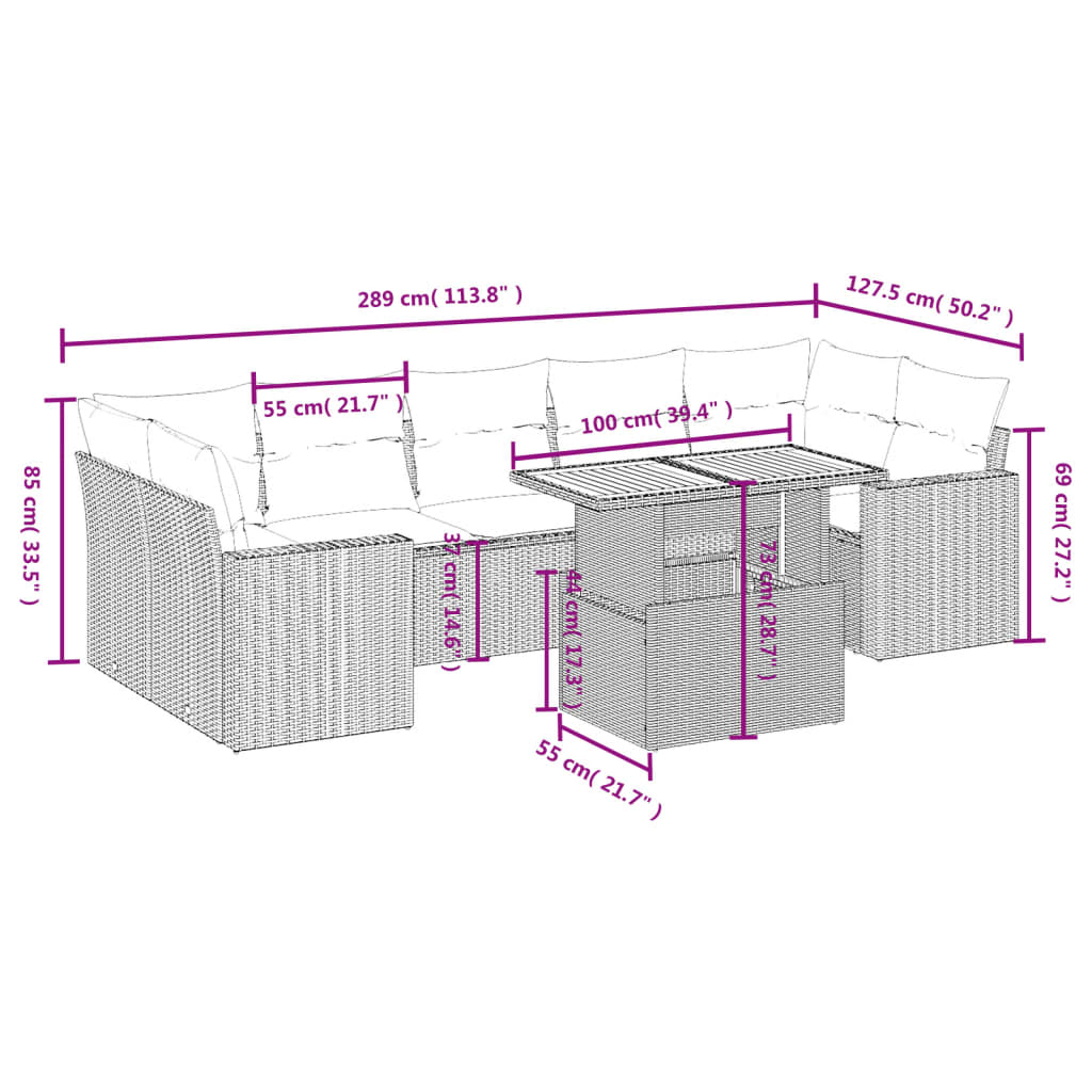vidaXL 8-delige Loungeset met kussens poly rattan zwart afbeelding