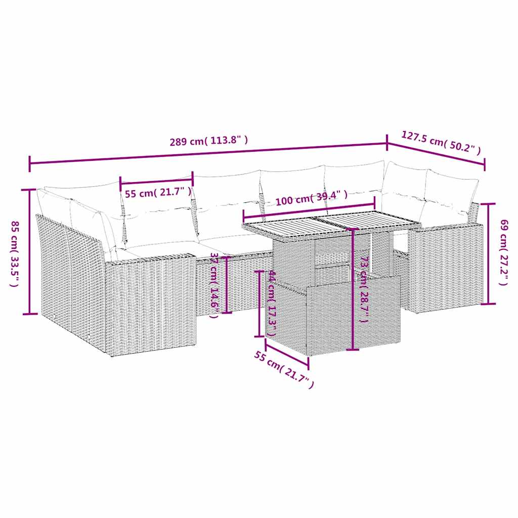 Set mobilier de grădină cu perne, 8 piese, negru, poliratan 3271223 - imagine 3