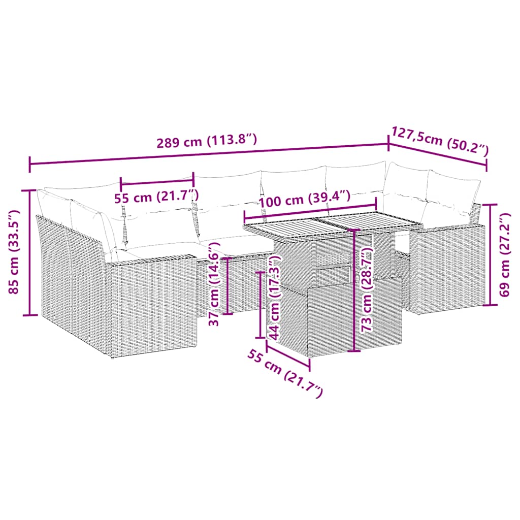 vidaXL 8-delige Loungeset met kussens poly rattan beige afbeelding