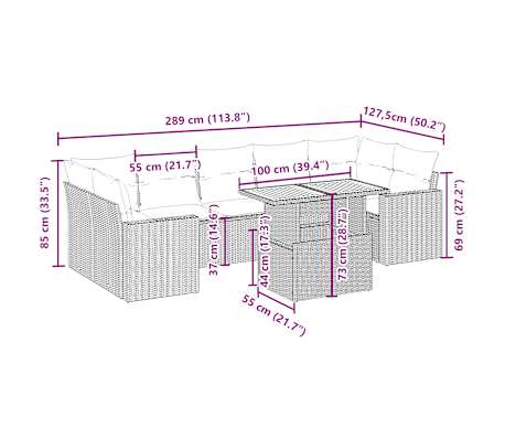 vidaXL 8 pcs conjunto de sof&aacute;s p/ jardim com almofad&otilde;es vime PE bege
