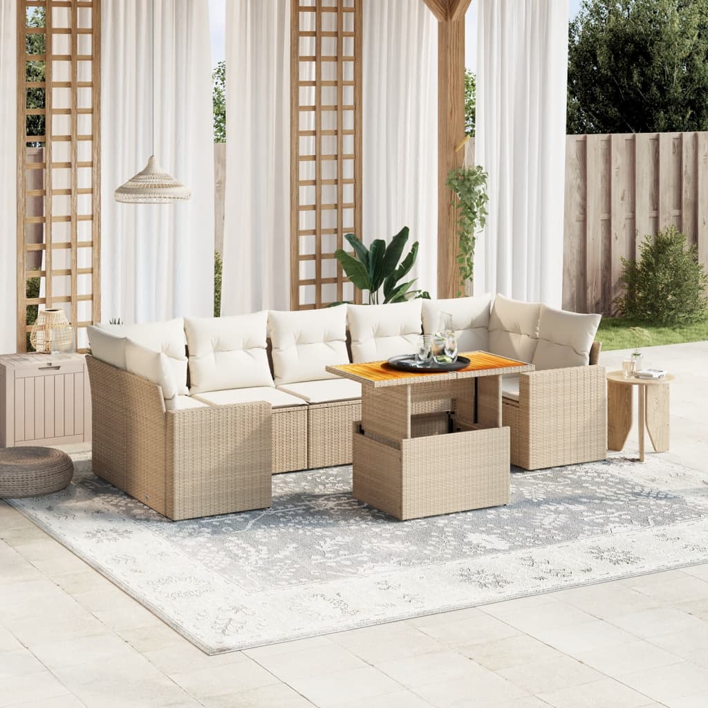 vidaXL 8-tlg. Garten-Sofagarnitur mit Kissen Beige Poly Rattan