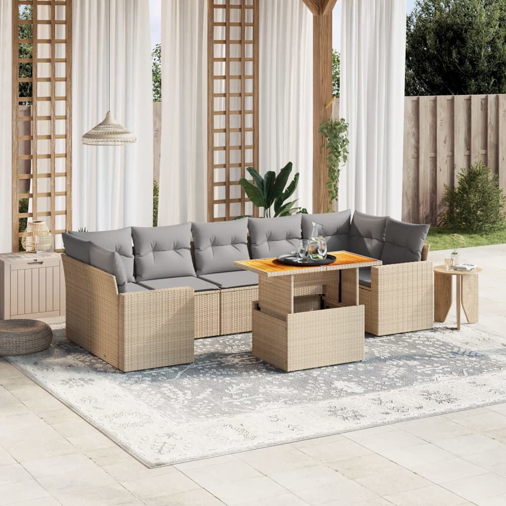 vidaXL 8-tlg. Garten-Sofagarnitur mit Kissen Beige Poly Rattan