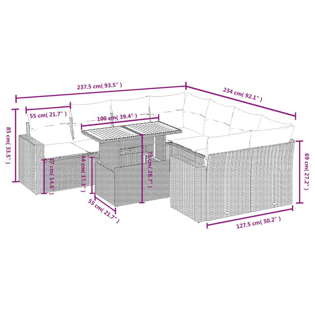 vidaXL 9-delige Loungeset met kussens poly rattan zwart afbeelding