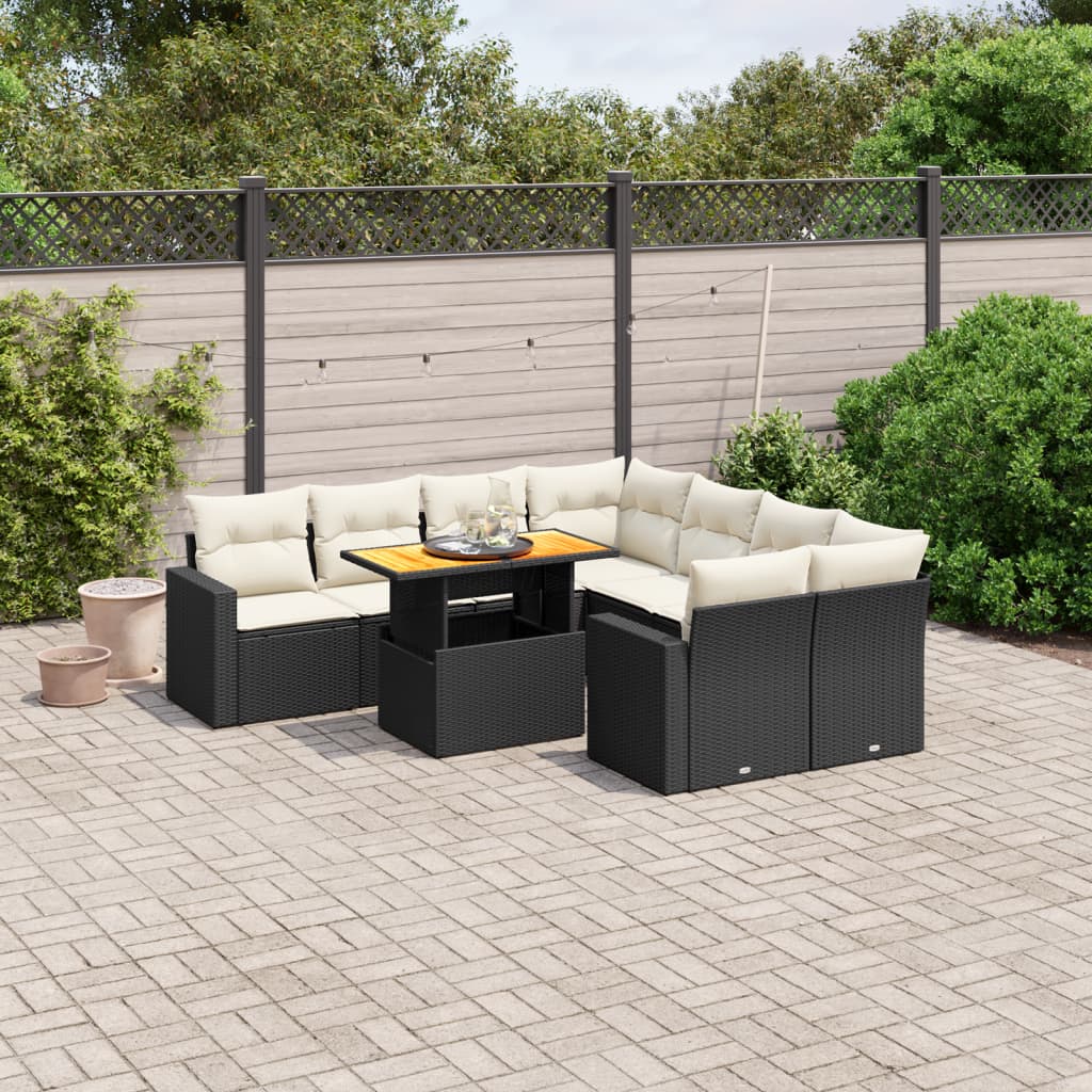 vidaXL 9-tlg. Garten-Sofagarnitur mit Kissen Schwarz Poly Rattan