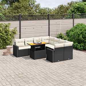 Vrtna sedežna garnitura 9-delna z blazinami črn poli ratan