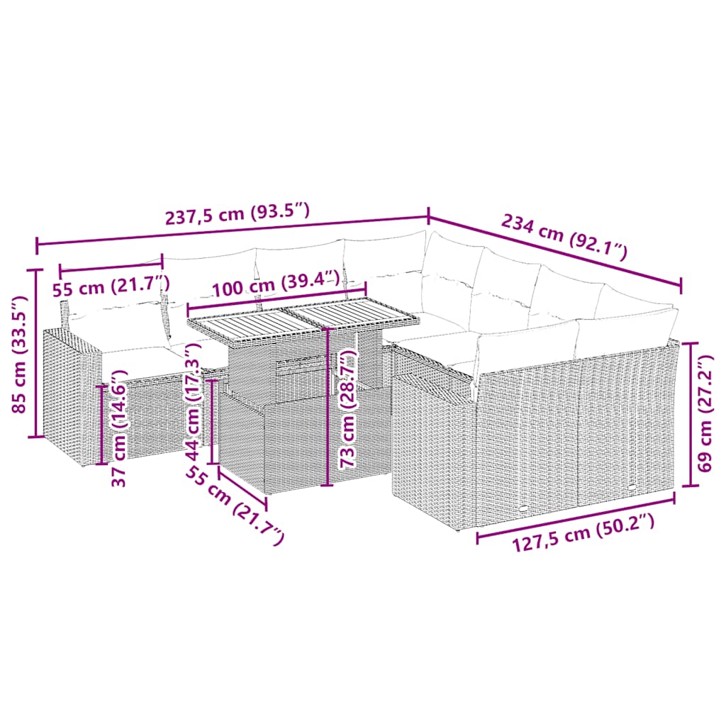 Set canapele de grădină, 9 piese, cu perne, bej, poliratan 3271240 - imagine 3