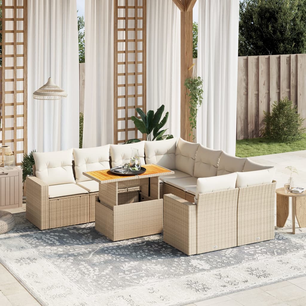 vidaXL 9-tlg. Garten-Sofagarnitur mit Kissen Beige Poly Rattan