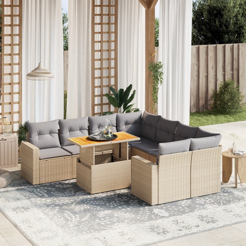 vidaXL 9-tlg. Garten-Sofagarnitur mit Kissen Beige Poly Rattan