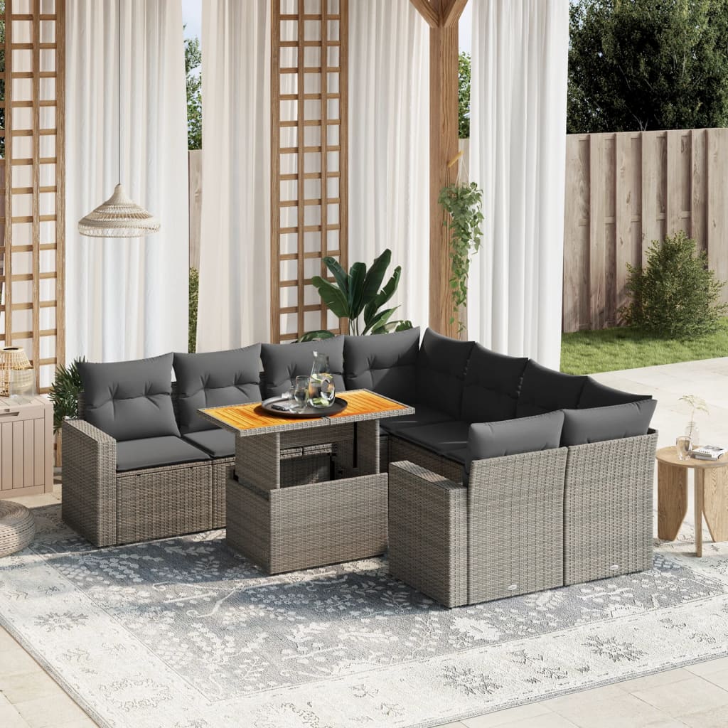 vidaXL 9-tlg. Garten-Sofagarnitur mit Kissen Grau Poly Rattan