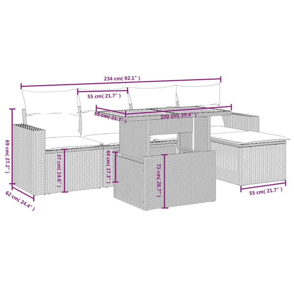 vidaXL 6-delige Loungeset met kussens poly rattan zwart afbeelding
