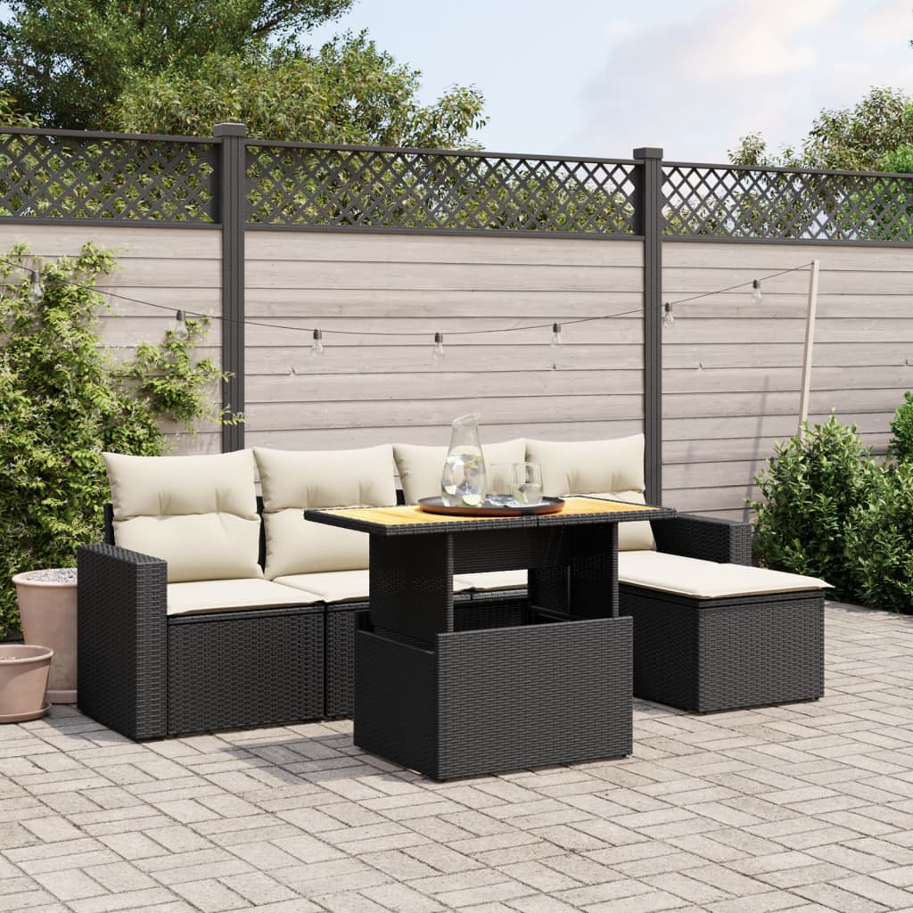 vidaXL 6-tlg. Garten-Sofagarnitur mit Kissen Schwarz Poly Rattan