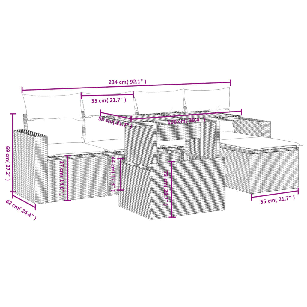 vidaXL 6-delige Loungeset met kussens poly rattan beige