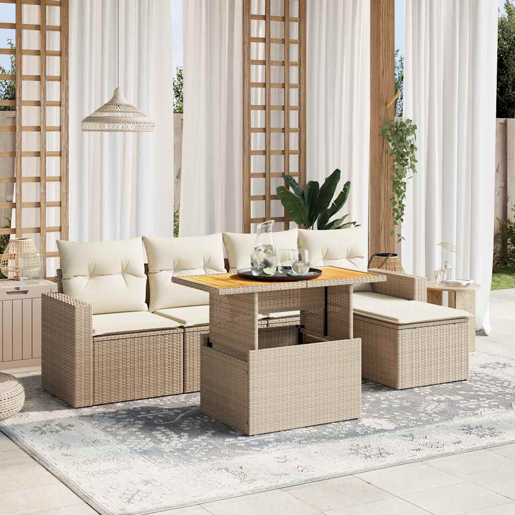 vidaXL 6-tlg. Garten-Sofagarnitur mit Kissen Beige Poly Rattan