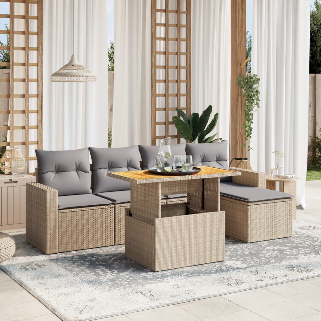 vidaXL 6-tlg. Garten-Sofagarnitur mit Kissen Beige Poly Rattan