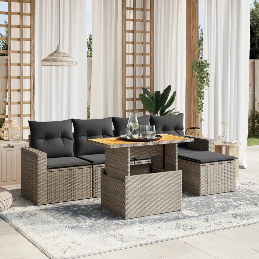 vidaXL 6-tlg. Garten-Sofagarnitur mit Kissen Grau Poly Rattan