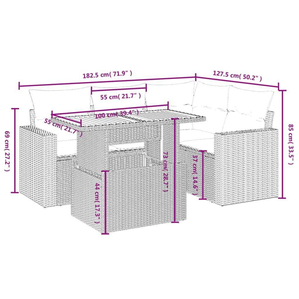 vidaXL 5-delige Loungeset met kussens poly rattan zwart afbeelding