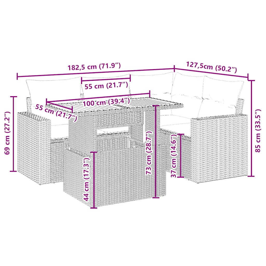 vidaXL 5-delige Loungeset met kussens poly rattan beige afbeelding