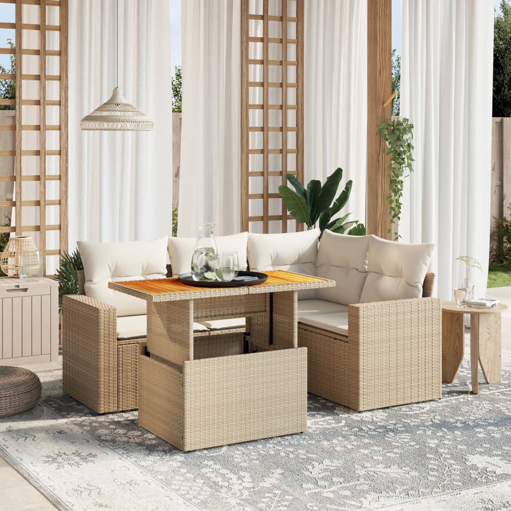 vidaXL 5-tlg. Garten-Sofagarnitur mit Kissen Beige Poly Rattan