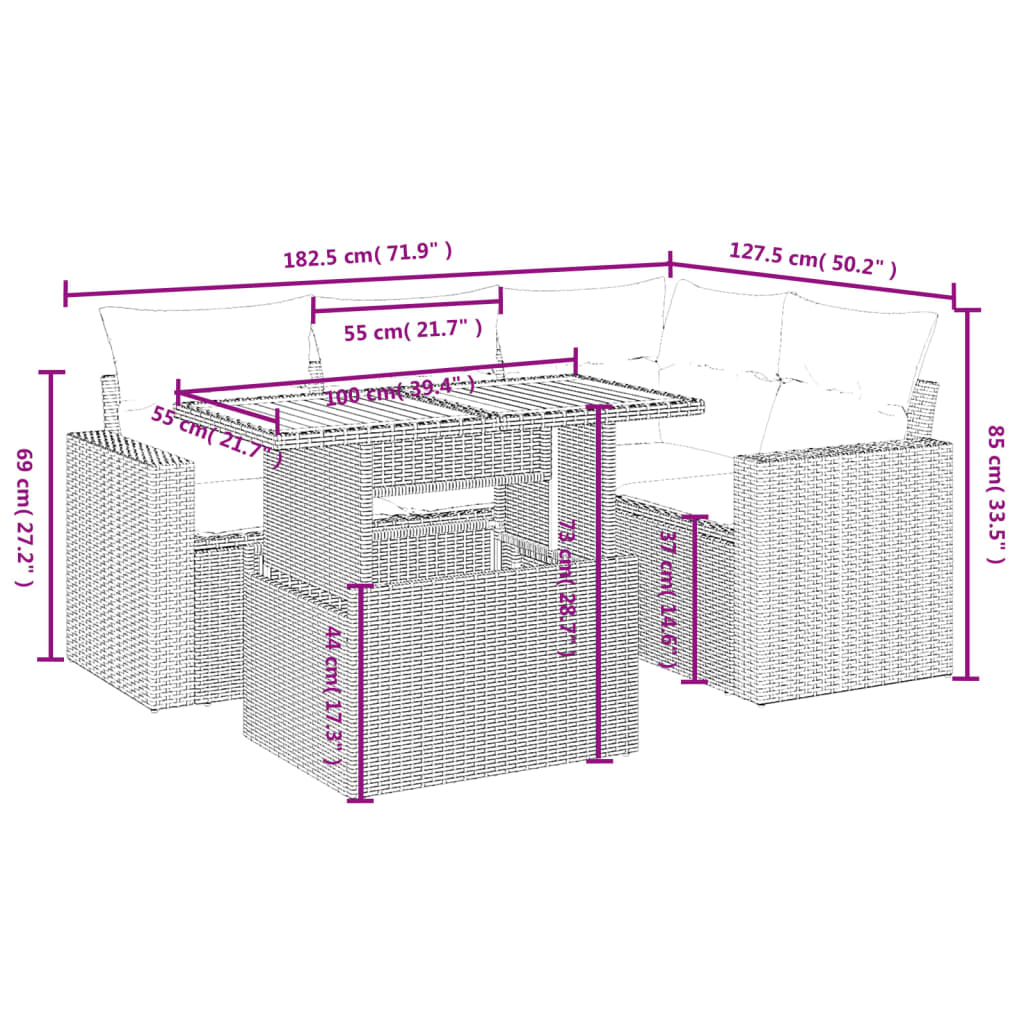 vidaXL 5-delige Loungeset met kussens poly rattan beige afbeelding