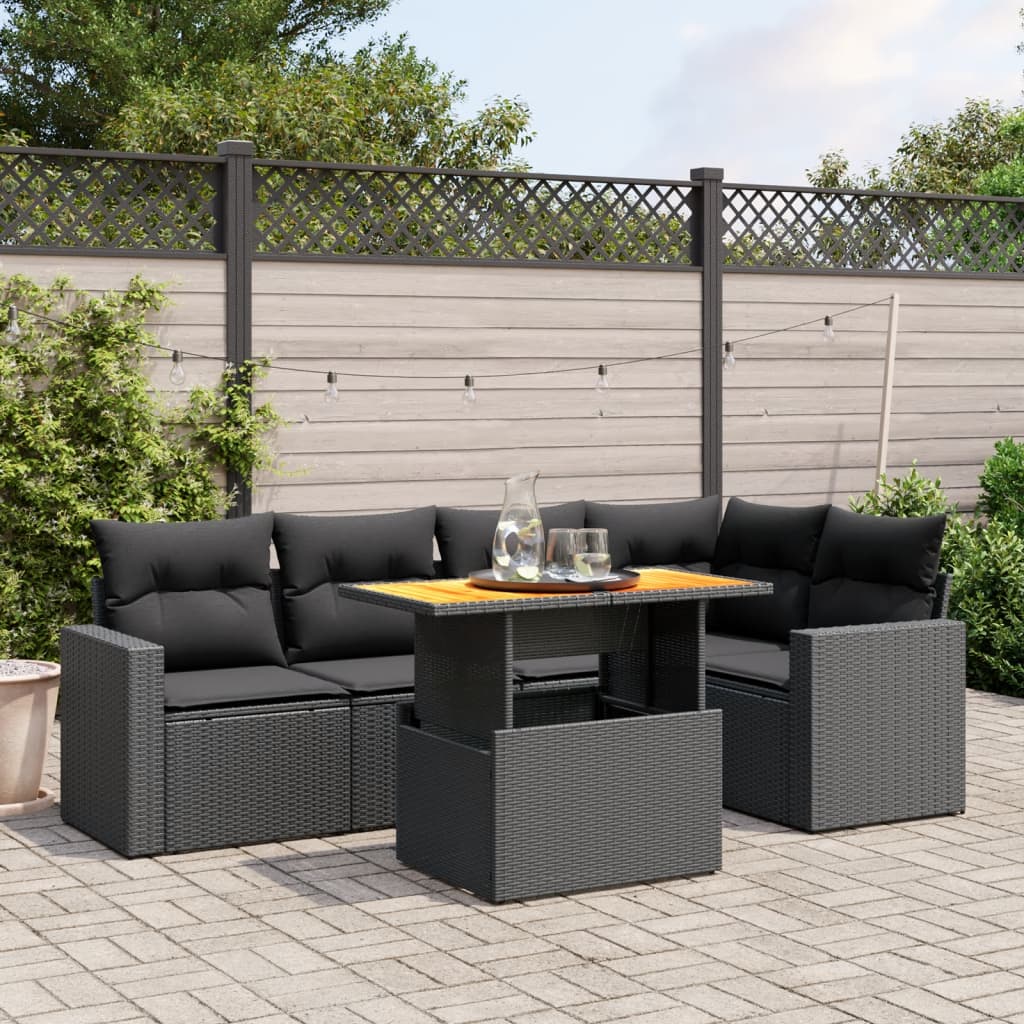 vidaXL 6-tlg. Garten-Sofagarnitur mit Kissen Schwarz Poly Rattan