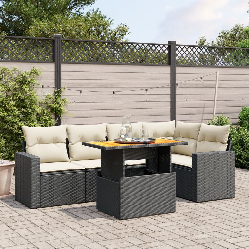 6-tlg. Garten-Sofagarnitur mit Kissen Schwarz Poly Rattan