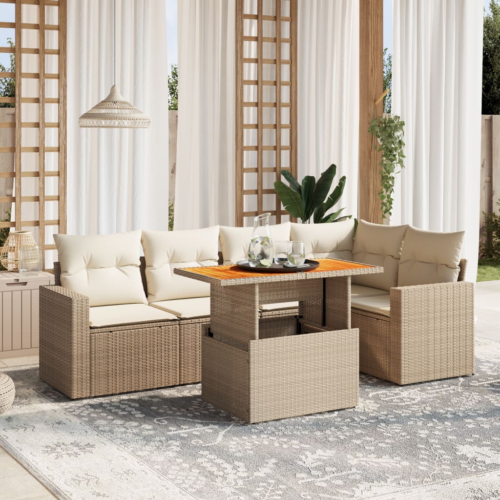 vidaXL 6-tlg. Garten-Sofagarnitur mit Kissen Beige Poly Rattan