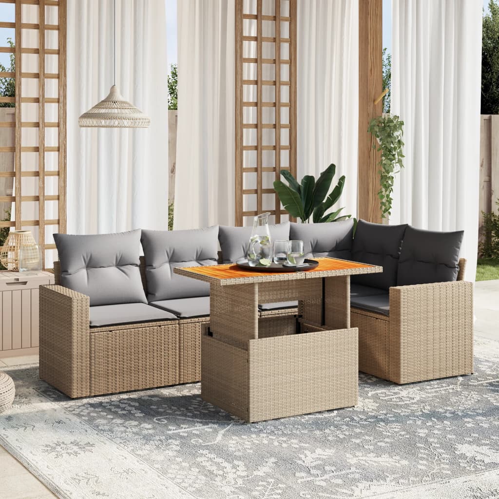 vidaXL 6-tlg. Garten-Sofagarnitur mit Kissen Beige Poly Rattan