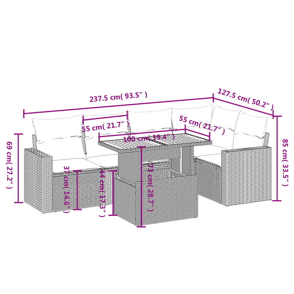 Set mobilier grădină cu perne, 6 piese, gri, poliratan 3271305 - imagine 3